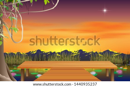 landscape of wooden floor on the river in sunset