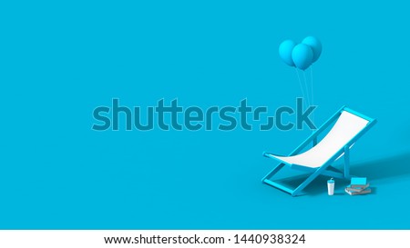 Empty deck chair,balloons,book,glass of sweet water on blue background illustration, 3D rendering.