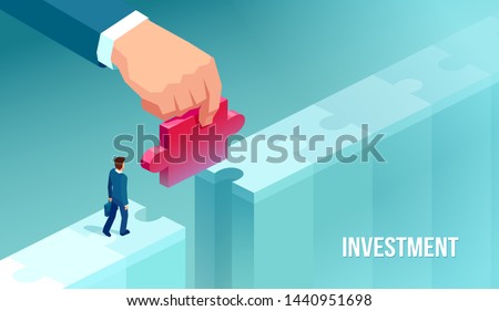 Vector of a small businessman supported by unknown investor giving him opportunity making bridge with jigsaw puzzle Royalty-Free Stock Photo #1440951698
