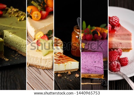 Collage from different pictures of tasty cheesecake