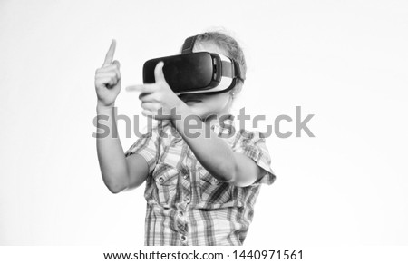 Get virtual experience. Virtual reality concept. Kid explore modern technology virtual reality. Virtual education for school pupil. Girl cute child with head mounted display on white background.