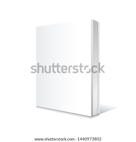Blank white standing and slightly open thin softcover book or magazine mockup template. Isolated on white background with shadow. Ready to use for your business. Vector illustration. Royalty-Free Stock Photo #1440973802