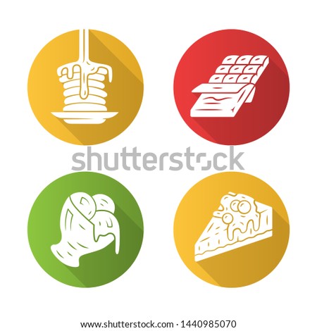 Desserts flat design long shadow glyph icons set. Chocolate bar, pancakes, cheesecake, ice cream. Sweet food, confections dishes. Vector silhouette illustration