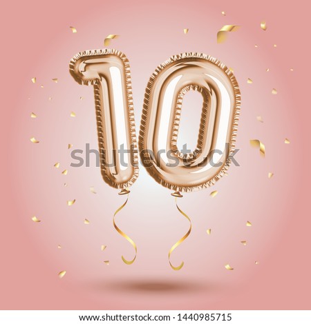 Elegant Pink Greeting celebration ten years birthday Anniversary number 10 foil gold balloon. Happy birthday, congratulations poster.   Golden numbers with sparkling golden confetti. Vector