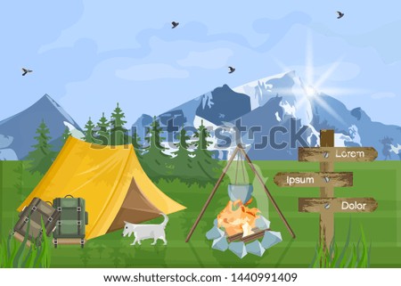 Camping in the mountains Vector flat style. Park nature outdoors background