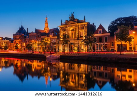 Haarlem Netherlands Skyline and Spaarne River at Dusk 