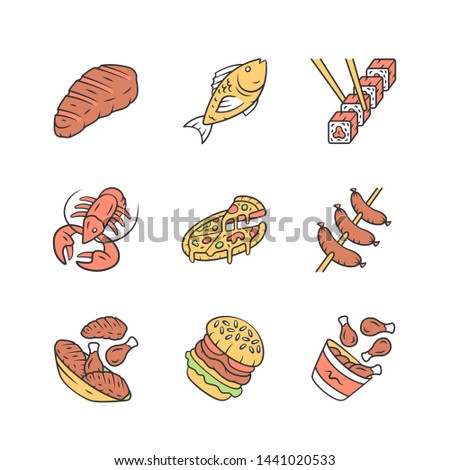 Restaurant menu color icons set. Fast food, italian and mediterranean cuisine. Pizza, lobster, steak, burger, sushi, sausages, chicken legs. Isolated vector illustrations