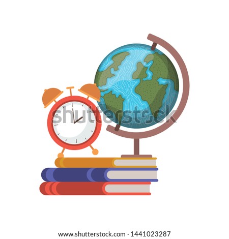 stack of books with globe on white background