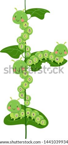 Illustration of Caterpillar Mascots on Leaves of a Plant with the Alphabet On Them