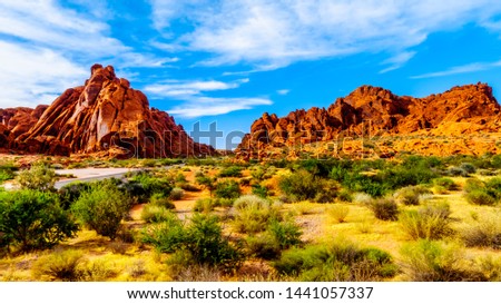 Red Aztec Sandstone Mountains under Blue Sky at the Mouse's Tank Trail in the Valley of Fire State Park in Nevada, USA Royalty-Free Stock Photo #1441057337