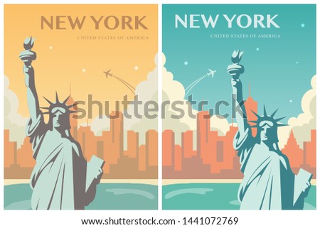 Statue of Liberty banner set. World landmark. American symbol. New York city. Vector illustration