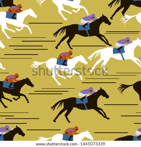 Seamless pattern with horsemen in horseraces on yellow background. Equestrian theme. Vector Royalty-Free Stock Photo #1441073339