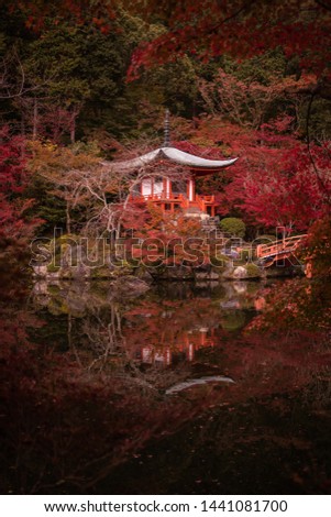 Japan autumn image. Beautiful Japanese garden with a pond and red leaves. Daigo temple in Kyoto.