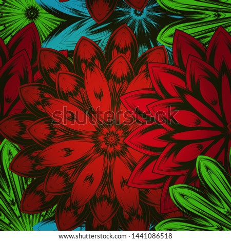Seamless floral background. The gradient can be off. Tracery handmade nature ethnic fabric backdrop pattern with flowers. Textile design texture. Decorative color art. Vector