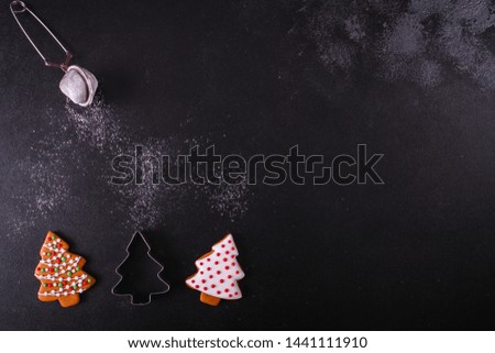 gingerbread, coffee and coffee beans (festive atmosphere christmas) happy new year. top food background. copy space