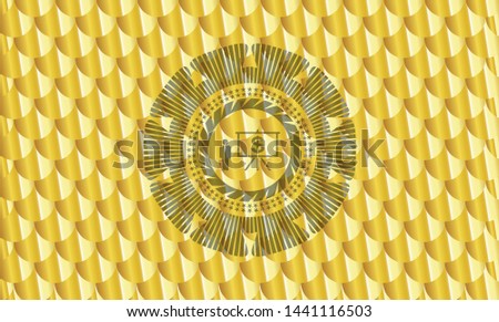business presentation icon inside gold shiny emblem. Scales pattern. Vector Illustration. Detailed.