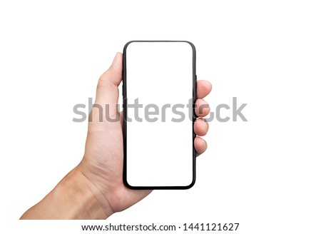Male hand holding black cellphone, isolation white background