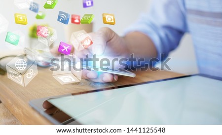 Hand using smartphone connecting, Social media concept.               