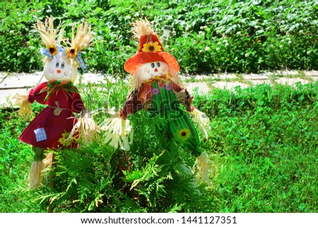 Two garden scarecrows (boy and girl) are the bush arborvitae in the background of the garden paths in the country house. Funny positive picture. Close up, free space. Sunlight. Wallpaper.