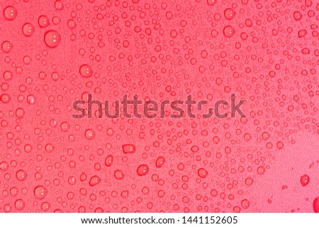 Close up of water drops on red tone background. Abstract pink wet texture with bubbles on plastic PVC surface or grunge. Realistic pure water droplets condensed. Detail of canvas leather texture