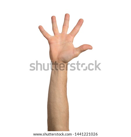 Adult man hand showing spread fingers gesture. Participation and voting sign. Human hand gesturing sign isolated on white background. Male raised arm presenting popular gesture.