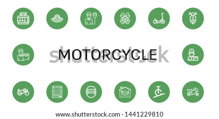Set of motorcycle icons such as Tramway, Sun hat, Delivery man, Pizza deliver, Scooter, Sidecar, Pachinko, Hockey helmet, Home delivery, Rope biking, Motorcycle , motorcycle