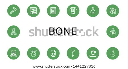 Set of bone icons such as Neurology reflex hammer, Pet shop, Chamber, Dog, Poison, Mammoth, Skull, Bone, Pirate, Human organs , bone