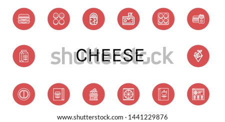 Set of cheese icons such as Cheeseburger, Burger bun, Burrito, Cheese, Burger, Cheburek, Pizza shop, Pizza, Cereals, Milk, Fish and chips , cheese