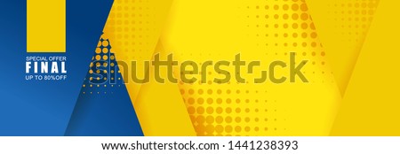 Vector abstract background texture  Sale banner template design, bright poster. Big sale special offer. banner yellow background, pink and blue stripes and shapes. Royalty-Free Stock Photo #1441238393