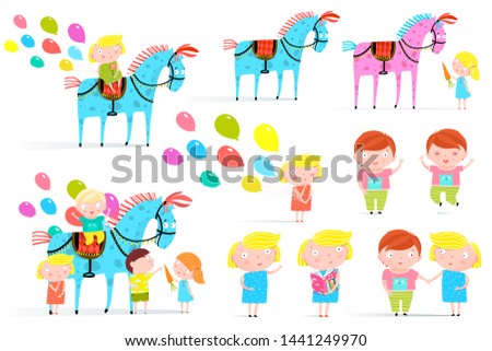 Circus Horse and Kids Clip Art Collection. Group of little kids playing with circus horse and balloons set.