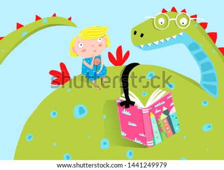 Big Dragon Reading Book to Little Girl. Fairy tale dragon reading a book to a girl child cartoon.