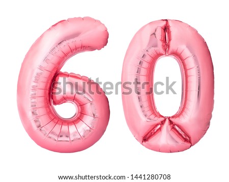 Number 60 sixty made of rose gold inflatable balloons isolated on white background. Pink helium balloons forming 60 sixty number. Discount and sale or birthday concept