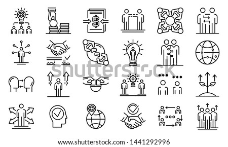 Business cooperation icons set. Outline set of business cooperation vector icons for web design isolated on white background Royalty-Free Stock Photo #1441292996