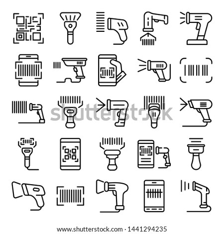 Barcode scanner icons set. Outline set of barcode scanner vector icons for web design isolated on white background Royalty-Free Stock Photo #1441294235