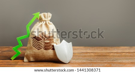 Bag with cash money symbol, a green arrow up and shield. Client rights protection. safeguarded capital. Concept of protection of money, guaranteed deposits. Increasing the safety of savings Royalty-Free Stock Photo #1441308371