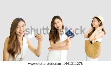 triple image of the beautiful asian woman 23s, Woman is smile holding a card ,passport ,flight ticket. Happy female  wearing a hat and carrying bag. on grey background