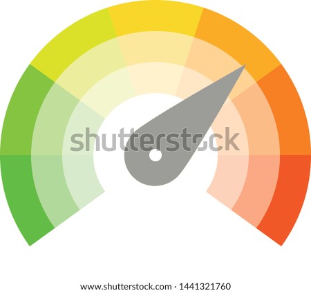 Radial gauge scale from red to green with arrow hand pointer. Satisfaction, temperature, risk, rating, performance and feedback indicator or speed tachometer. Vector illustration.