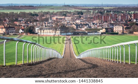 Newmarket Town in England, the Racehorse capital of the world for breeding and training. Strength & Stamina Training can be seen 6 days a week on Warren Hill. Royalty-Free Stock Photo #1441338845