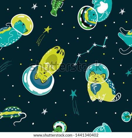 Cosmic seamless colorful pattern on dark. Cute cartoon cat-astronauts floating in space with  with planets, stars, rockets, constellations, ufo. Vector illustration.