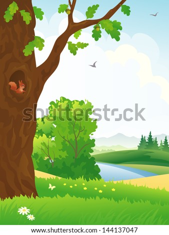 Vector illustration of a beautiful scenic with an oak tree