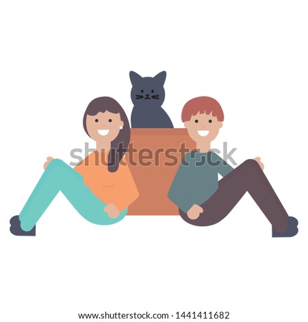 young couple with cute cat mascot