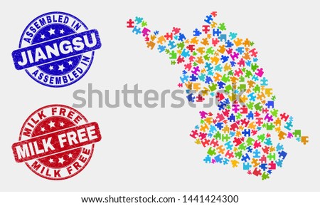Puzzle Jiangsu Province map and blue Assembled seal stamp, and Milk Free distress seal stamp. Colorful vector Jiangsu Province map mosaic of puzzle. Red round Milk Free rubber.