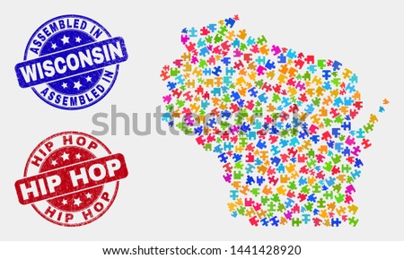 Bundle Wisconsin State map and blue Assembled seal stamp, and Hip Hop textured stamp. Bright vector Wisconsin State map mosaic of bundle components. Red rounded Hip Hop stamp.