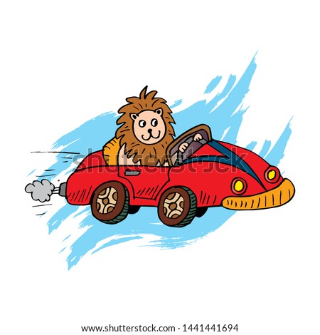 Cute lion on car. Cartoon illustration.