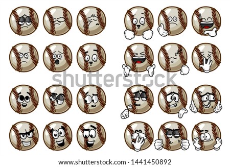 set of 24 funny baseball Ball cartoon character Mascot with various face expression. Vector Illustration Isolated On White Background
