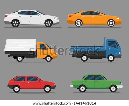Detailed illustration of six colored cars in a flat style. Car icon set. Premium, business car, vintage auto, truck