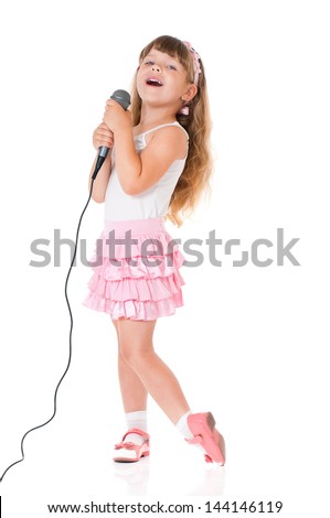 Beautiful little girl with microphone isolated on white background Royalty-Free Stock Photo #144146119