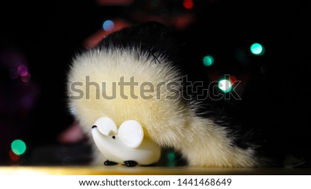 White rat in a fur winter hat on the background of Christmas blurred lights. Christmas Rat