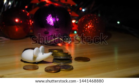 Christmas white rat with money. New Year and Christmas 2020. Year of the rat or mouse