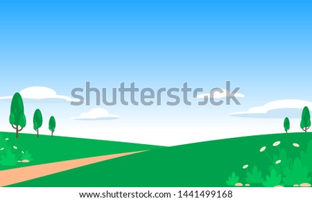 Cute cheerful children run on green meadow and blue sky background use for cover or backdrop, kid vector cartoon